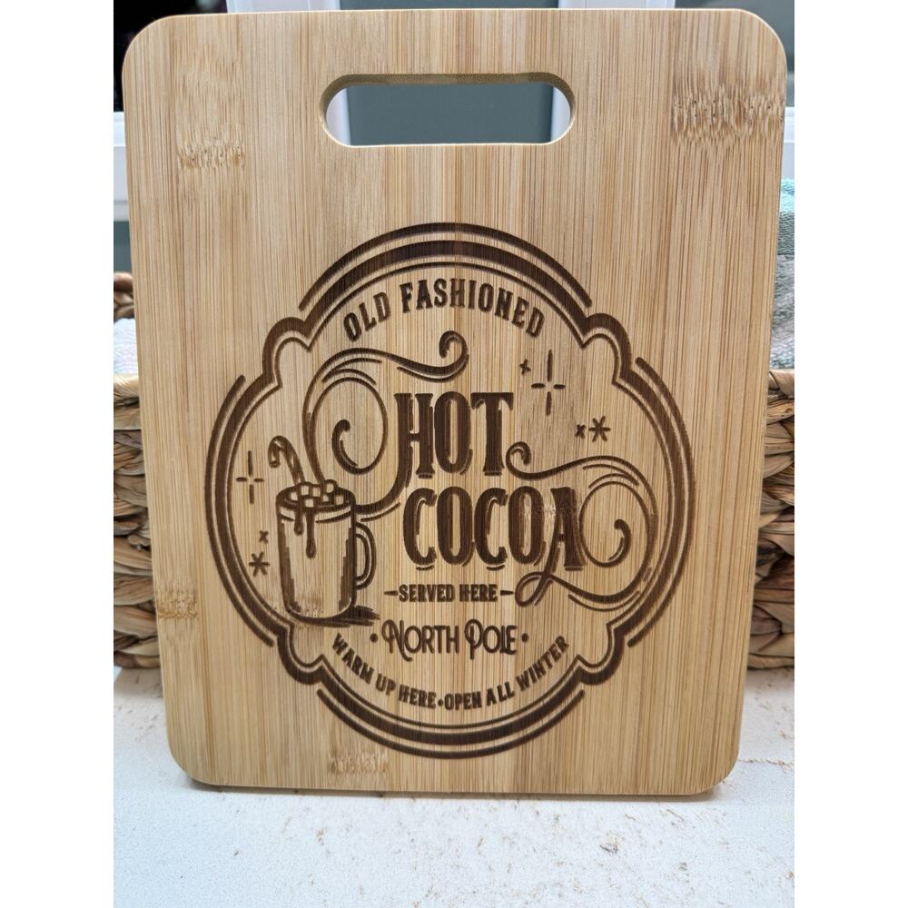 Wooden Cutting Board Sign Decor Handmade Hot Cocoa Winter Theme New